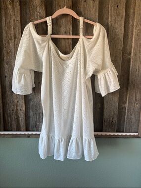 Michael Kors White Eyelet Cold-Shoulder Ruffle Tunic Dress